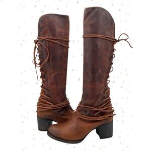 Freebird by Steven Coal Cognac Tall Leather Boots Brown Red Heeled Laced Back 10